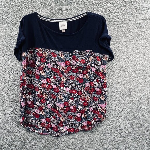 Knox Rose Womens Top Medium Blue‎ Red Floral Short Sleeve Shirt BOHO Stretch - Picture 1 of 9